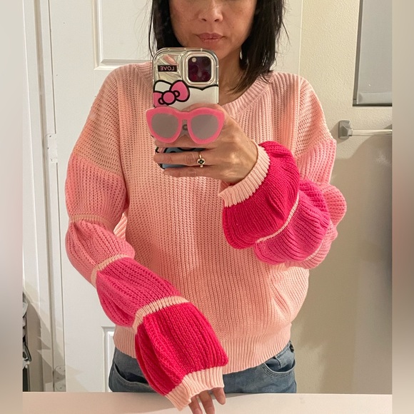 027 Cozy Pink Color Block Oversized Sweater Top - Picture 2 of 7